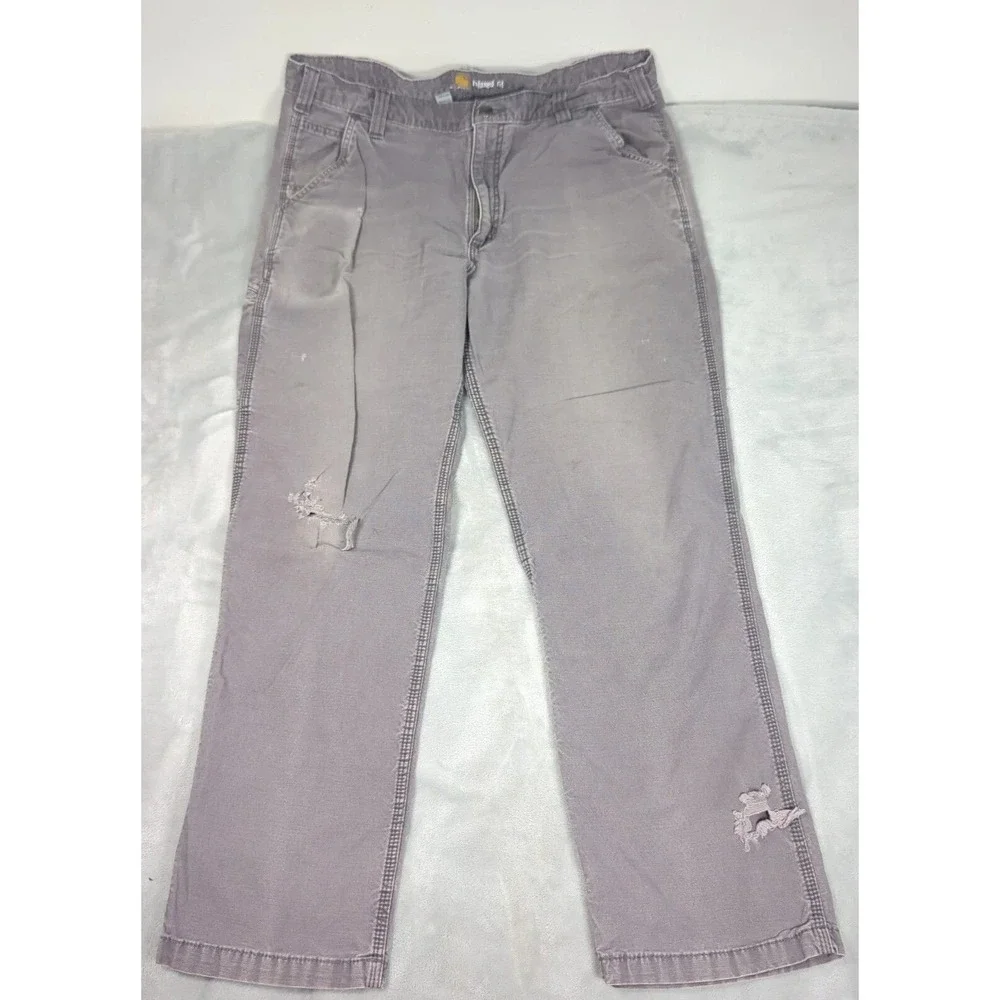 Carhartt Pants 38x32 Men Gray Canvas Rugged Flex Thick Work Distressed Relaxed